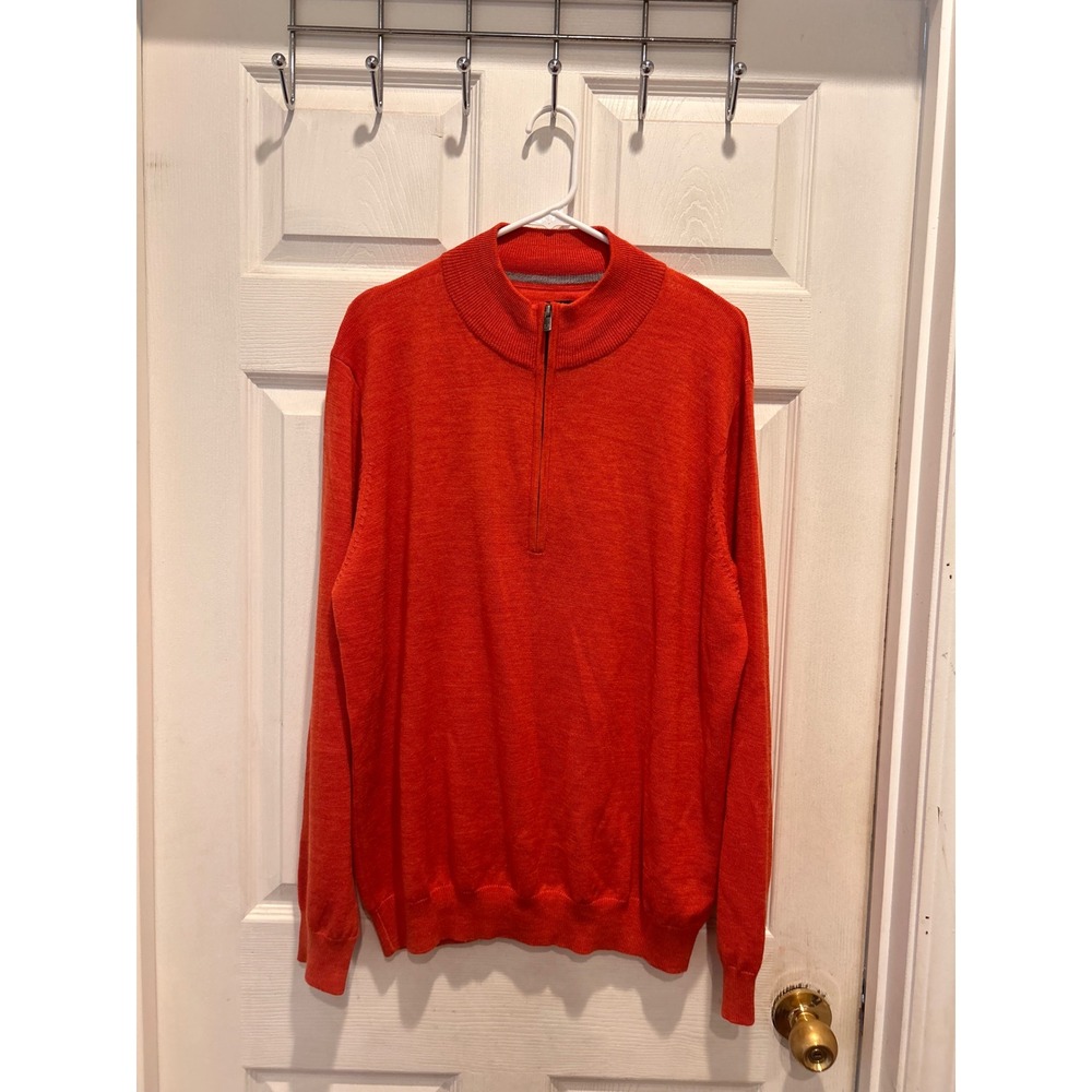 FootJoy Mens 100% Wool 1/4 Zip Pullover Sweater Orange Mock Neck Size Large Golf
